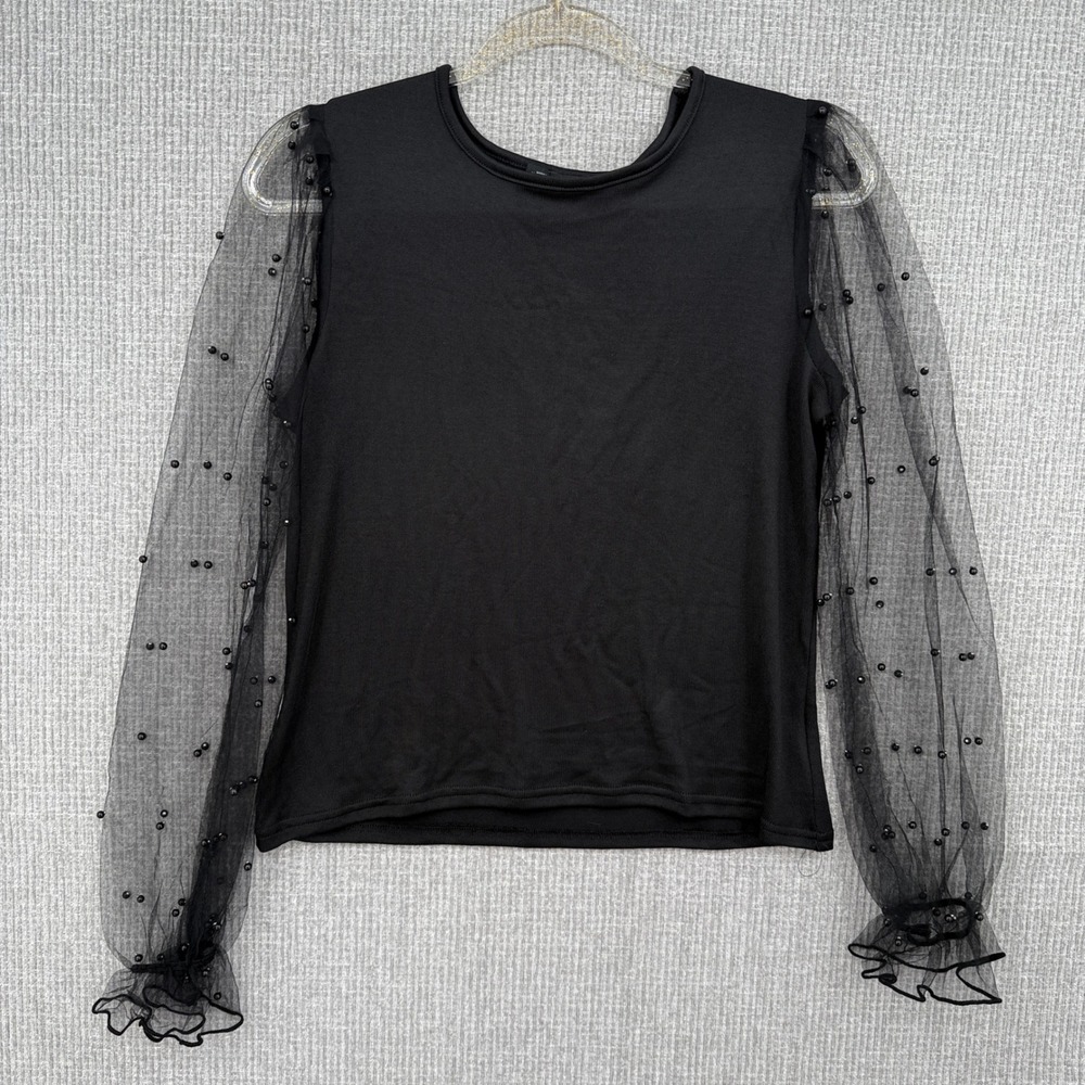 NOTEBUK Black‎ Beaded Tulle Sleeve Top Women's Sz M Sheer  Whimsigoth Fairy Y2K